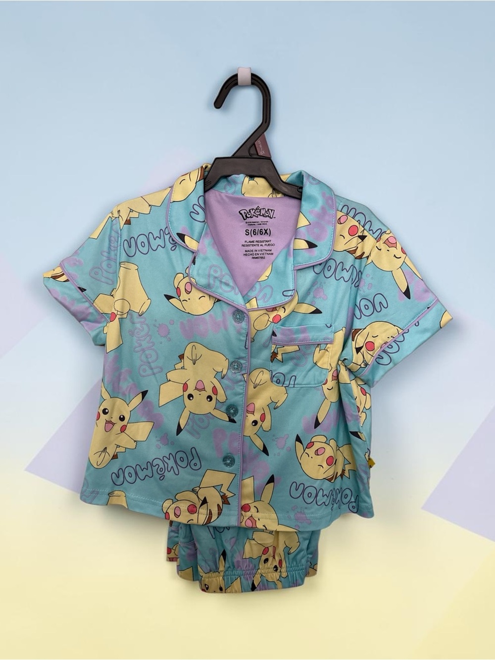 Pikachu Short Sleeve Kids Pajama Set - Light Blue